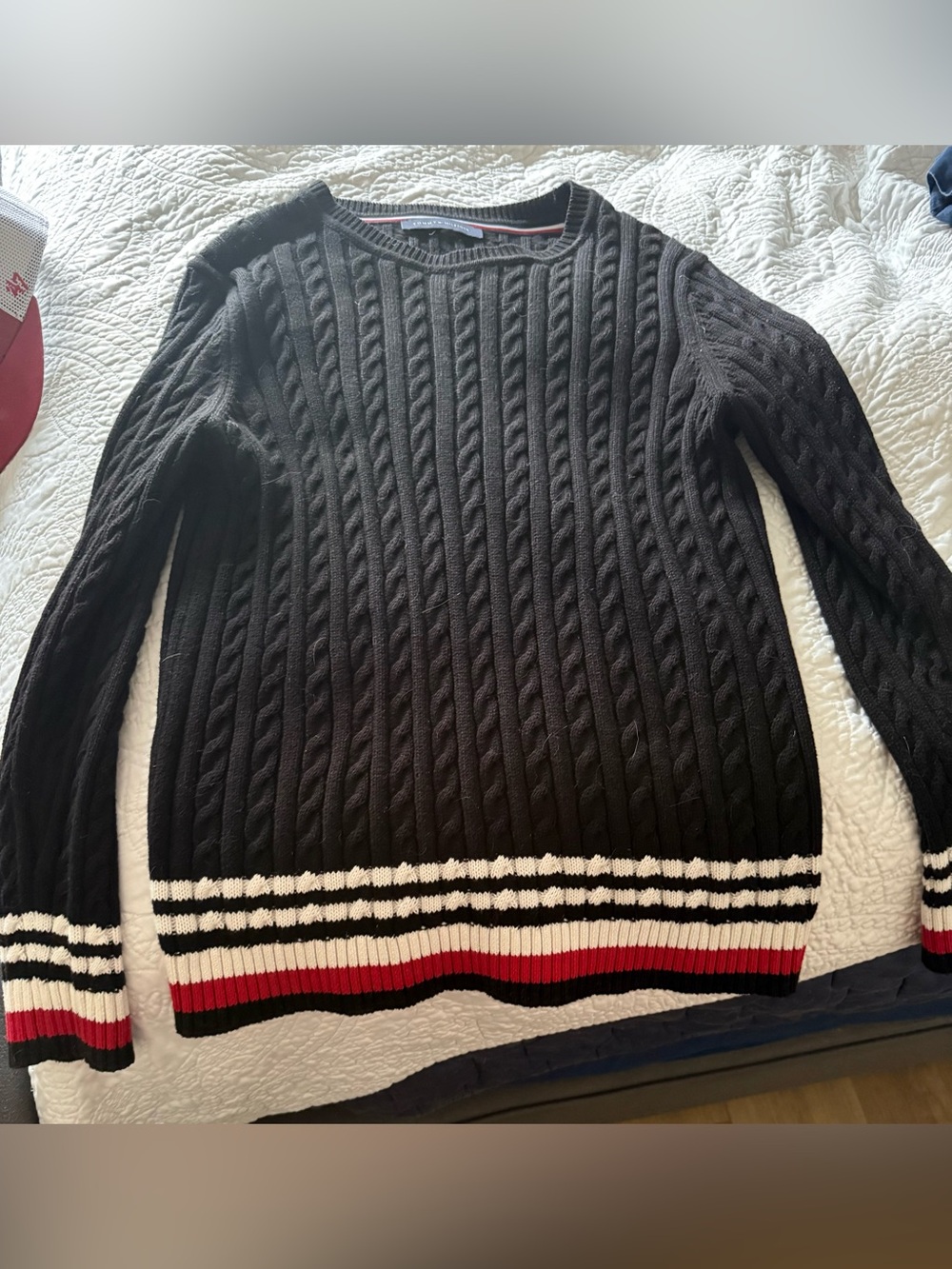Women’s Tommy Hilfiger Black Cable-Knit Sweater with Stripe Hem